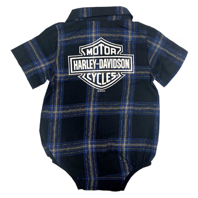 Harley-Davidson Baby Boys Brushed Infant Plaid Shirt Creeper - Black/Blue