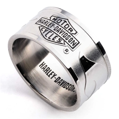 Harley-Davidson Mens Bar &amp; Shield Raised Flame Band Ring - Stainless Steel