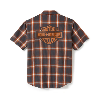Harley-Davidson Mens Bar &amp; Shield Staple Short Sleeve Shirt - Plaid - Asphalt &amp; Harley Orange