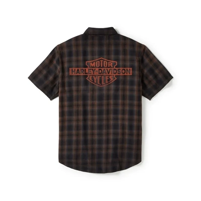 Harley-Davidson Mens Bar &amp; Shield Short Sleeve Shirt - Plaid - Harley Black &amp; Amber Brown