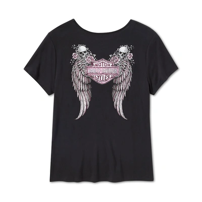 Harley-Davidson Womens Bling Angel Wings Short Sleeve Laced Front Tee - Harley Black