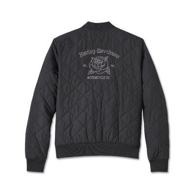 Womens Old English Rose Quilted Bomber - Harley Black