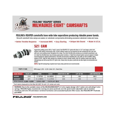 521 Reaper Chain Drive Camshaft. Fits Milwaukee-Eight 2017up