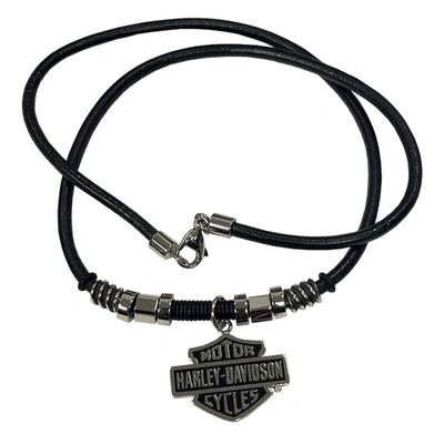 Harley-Davidson Mens Nut &amp; Coil B&amp;S Pendent Leather Necklace - Stainless Steel
