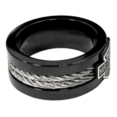 Harley-Davidson Mens Bar &amp; Shield Steel Cable Band Ring - Black
