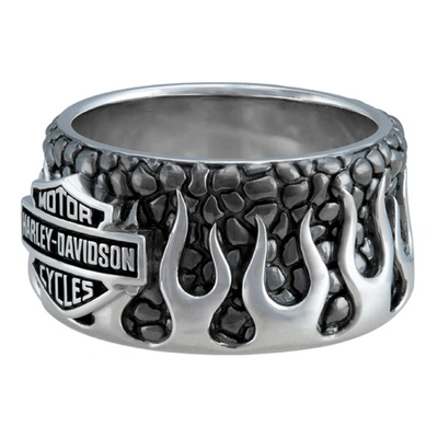 Harley-Davidson Mens Textured Flames Bar &amp; Shield Metal Ring - Stainless Steel