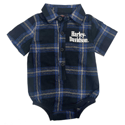 Harley-Davidson Baby Boys Brushed Infant Plaid Shirt Creeper - Black/Blue