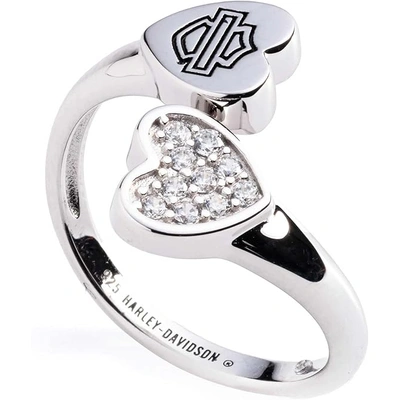 Harley-Davidson Womens Bar &amp; Shield Crystal Heart Twist Ring - Stirling Silver