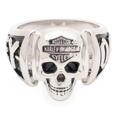 Harley-Davidson Mens Bar &amp; Shield Skull Contrast Ring - Stainless Steel