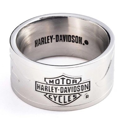 Harley-Davidson Mens Bar &amp; Shield Raised Flame Band Ring - Stainless Steel