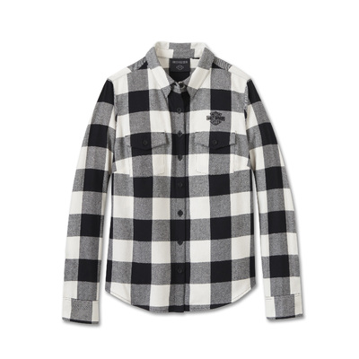 Harley-Davidson Retro Long Sleeve Womens Flannel Shirt - Plaid Cloud Dancer &amp; Harley Black