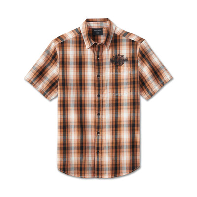 Harley-Davidson Mens Screamin Eagle Short Sleeve Shirt - Orange Plaid - Orange Plaid