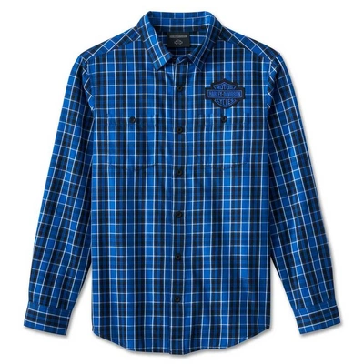 Harley-Davidson Mens Bar &amp; Shield Long Sleeve Plaid Shirt - Blue