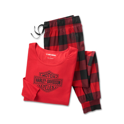 Harley-Davidson Women&#39;s Bar &amp; Shield Plaid Long Sleeve Pajama Set - Chili Pepper