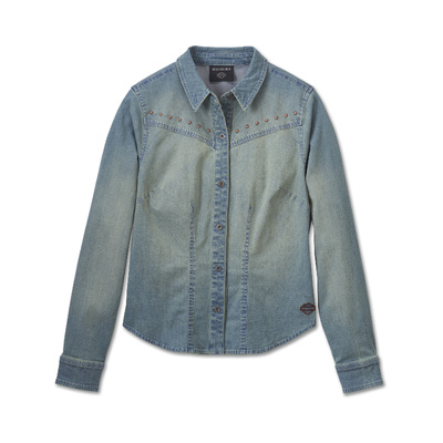 Harley-Davidson Studded Denim Womens Shirt - Washed Light Indigo Denim
