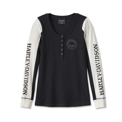 Womens Willie G Skull Snap Front Long Sleeve Henley - Colorblocked/Black Beauty