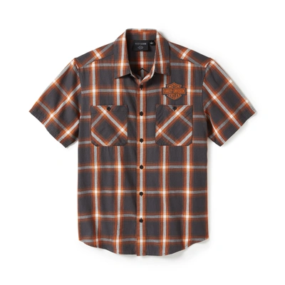 Harley-Davidson Mens Bar &amp; Shield Staple Short Sleeve Shirt - Plaid - Asphalt &amp; Harley Orange