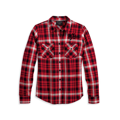 Womens Retro Script Font Flannel Shirt - YD Plaid - Chili Pepper