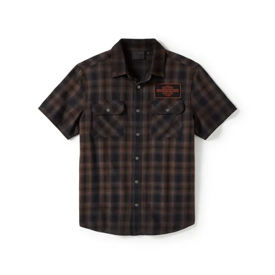 Harley-Davidson Mens Bar &amp; Shield Short Sleeve Shirt - Plaid - Harley Black &amp; Amber Brown