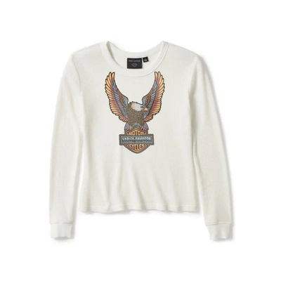 Harley-Davidson Womens Neon Eagle Distressed Waffle Knit Long Sleeve - Cloud Dancer