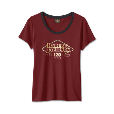 Harley-Davidson 120th Anniversary Speedbird Diamond Scoopneck Womens Tee - Merlot