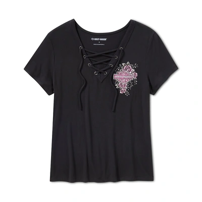 Harley-Davidson Womens Bling Angel Wings Short Sleeve Laced Front Tee - Harley Black