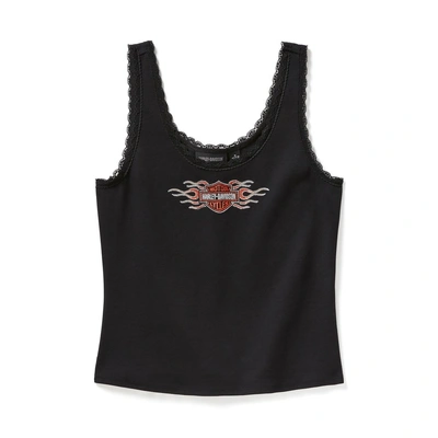 Harley-Davidson Womens Vintage Flames Bling Lace Trim Tank - Harley Black