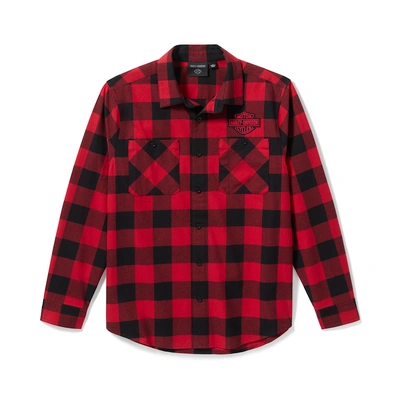 Harley-Davidson Bar &amp; Shield Buffalo Check Mens Plaid Flannel - Harley Black/Chili Pepper