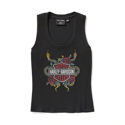 Harley-Davidson Serpent Rose Bling Ribbed Womens Tank - Harley Black