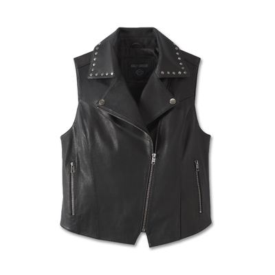 Womens Classic Eagle Studded Leather Vest - Black