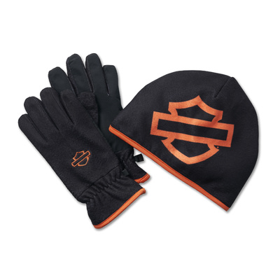 Harley-Davidson Mens Fleece Beanie and Glove Gift Set - Black Beauty &amp; Vintage Orange
