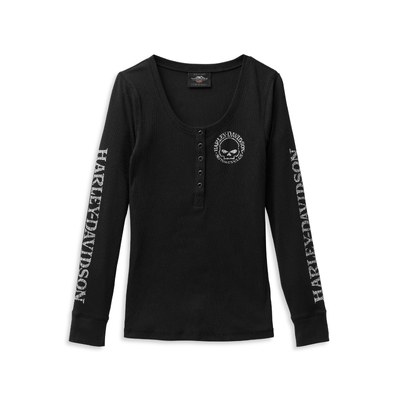 Womens Skull Snap Front Long Sleeve Henley - Black Beauty