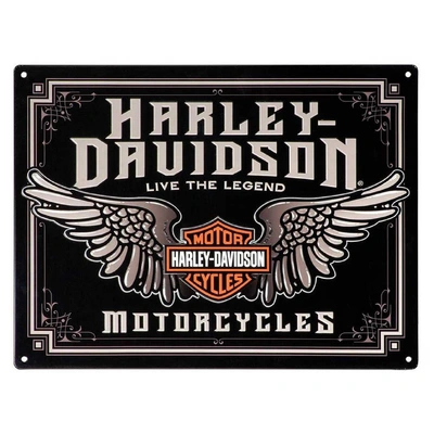 Harley-Davidson Embossed Winged Bar &amp; Shield Tin Sign - Black - 15.75 x 12 inches