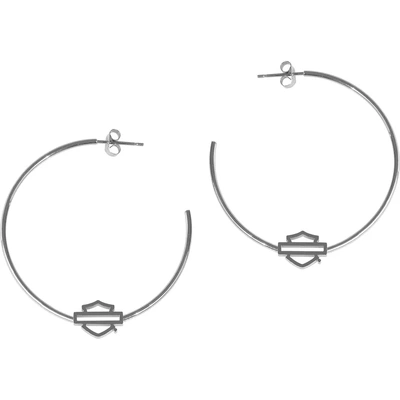 Harley-Davidson Womens Stainless Steel B&amp;S Small Silver Tone Hoop Earrings