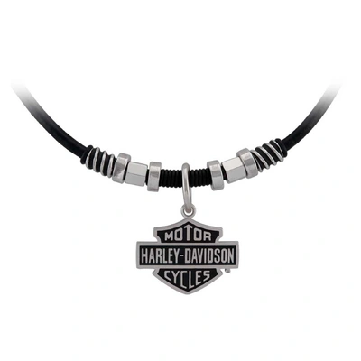 Harley-Davidson Mens Nut &amp; Coil B&amp;S Pendent Leather Necklace - Stainless Steel