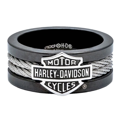 Harley-Davidson Mens Bar &amp; Shield Steel Cable Band Ring - Black