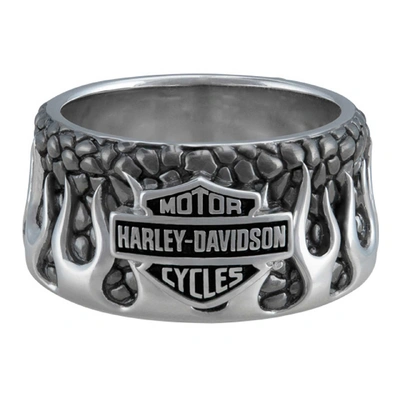 Harley-Davidson Mens Textured Flames Bar &amp; Shield Metal Ring - Stainless Steel