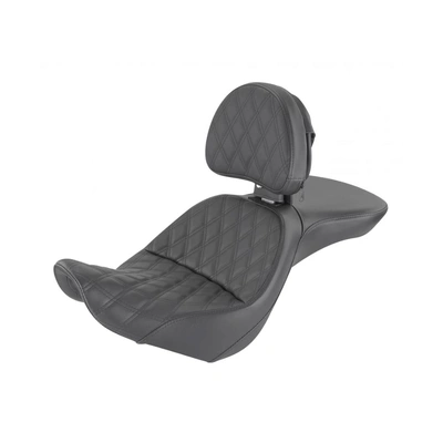 Explorer LS Dual Seat With Backrest &amp; with Black Double Diamond Lattice Stitch. Fits Softail Street Bob 2018up &amp; Standard 2020up
